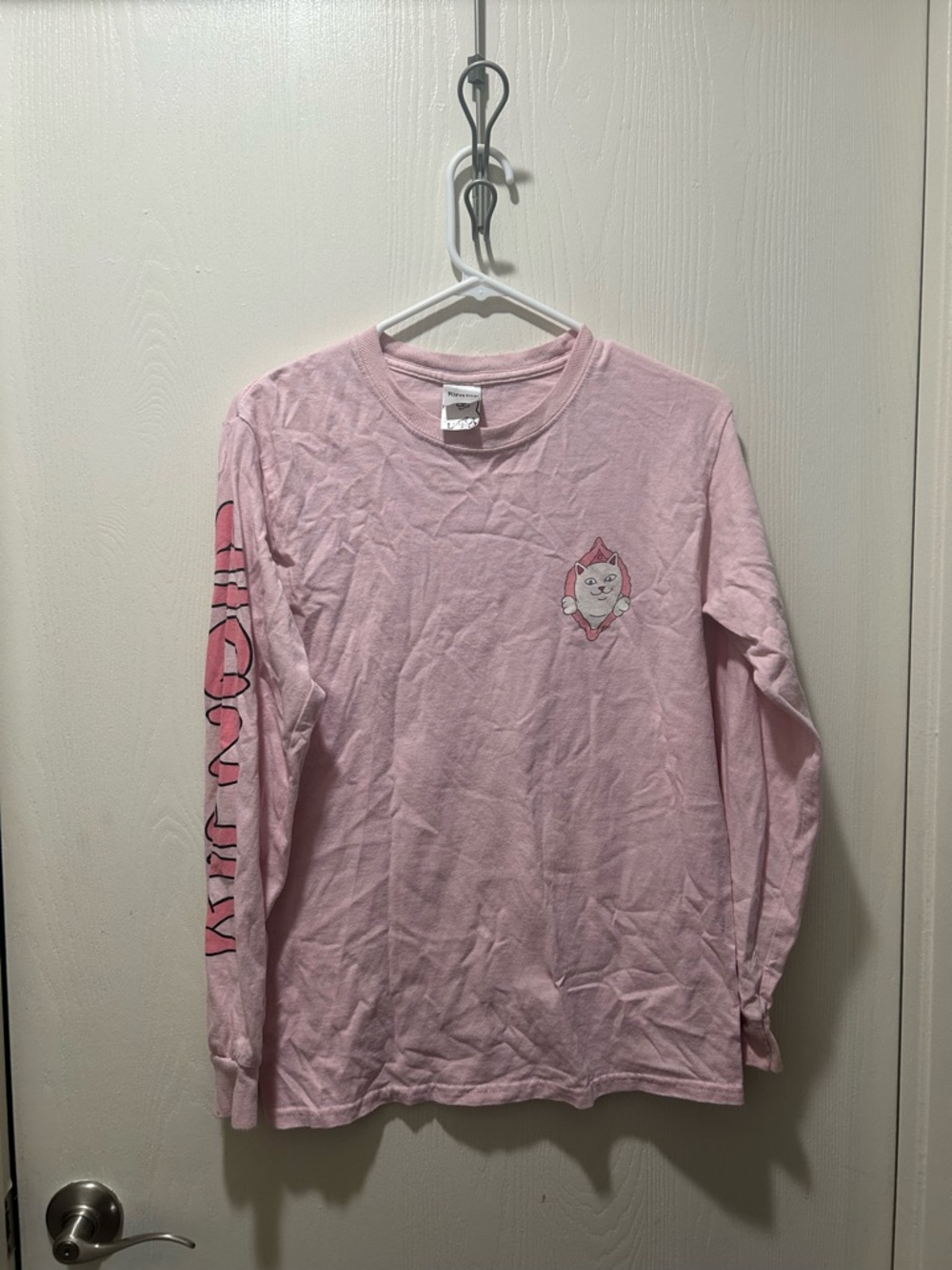 Pink Long Sleeve Graphic Tee with Cat